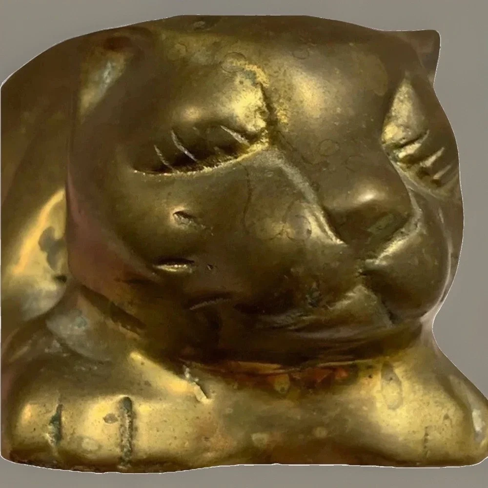 Vintage Brass Sleeping Cat Figurine Statue MCM Large 6